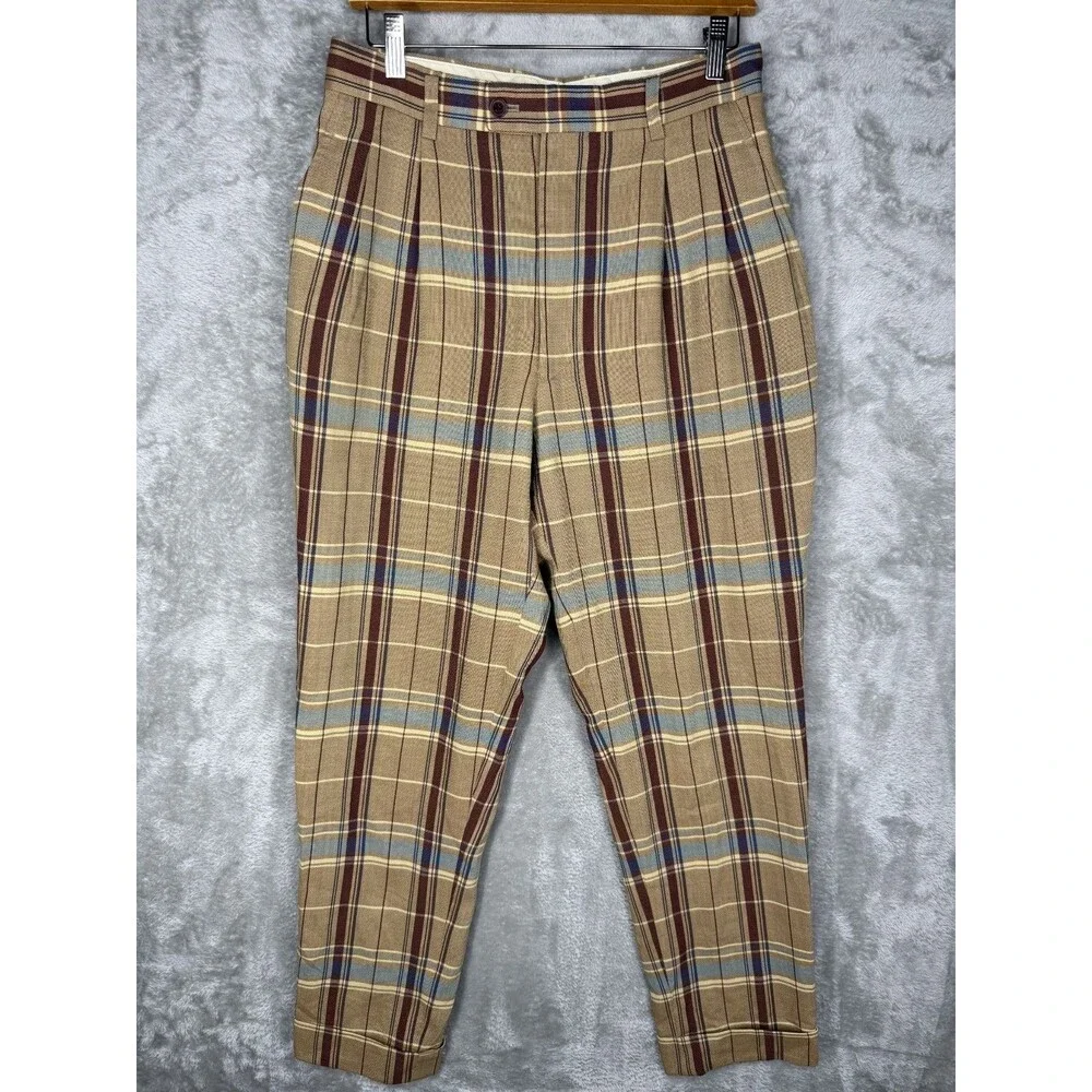 Pearly Gates Pants Mens 30x30 Plaid Tapered Golf Wool Old School Pleated Classic